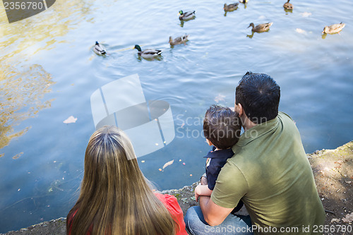 Image of Mixed Race Mother and Father with Son at the Pond