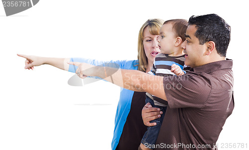 Image of Mixed Race Couple Pointing With Son on White
