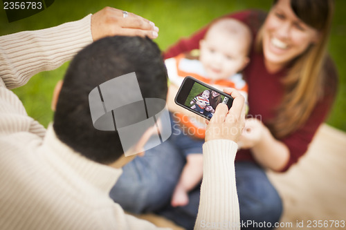 Image of Happy Mixed Race Parents and Baby Boy Taking Self Portraits