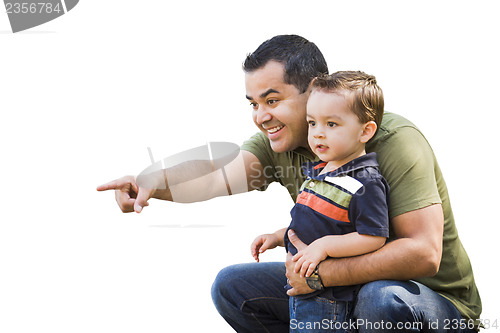 Image of Hispanic Father Pointing With Mixed Race Son on White