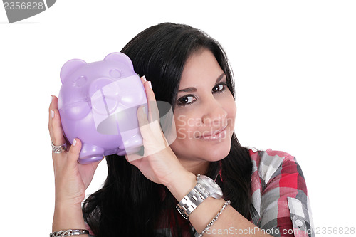 Image of Happy business woman with her savings, isolated 