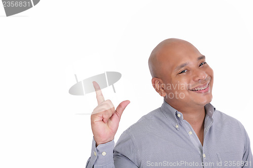 Image of african american showing something, isolated on white