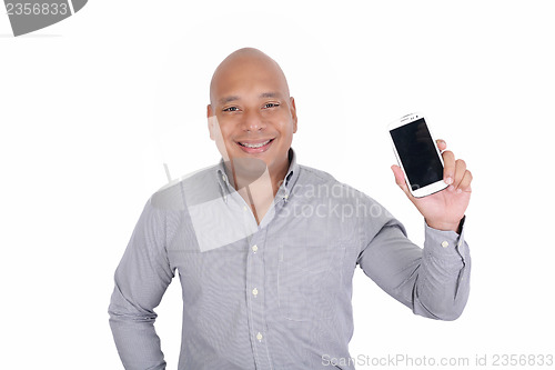 Image of Isolated Black Businessman Showing His Cell Phone