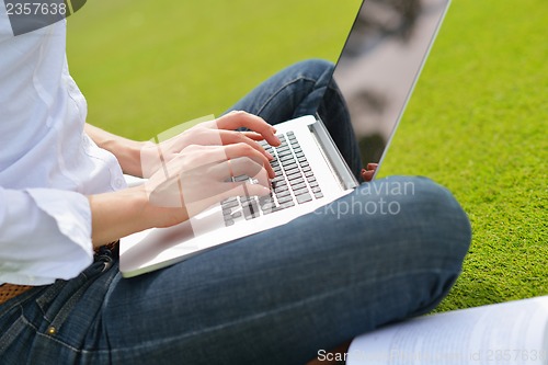 Image of woman with laptop in park