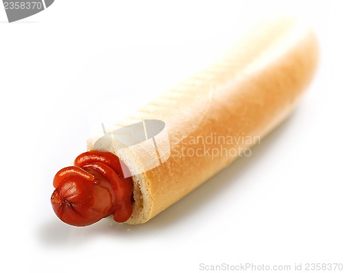 Image of hot dog with sausage and ketchup