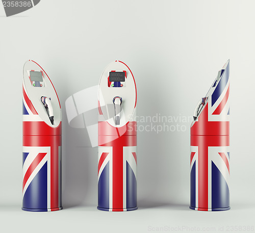 Image of Eco fuel: three charging stations with Union Jack flag pattern