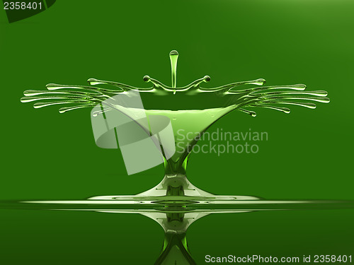 Image of Splash of colorful green liquid with droplets and water crown