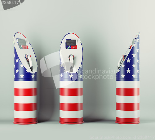 Image of Eco fuel: three charging stations with USA flag pattern