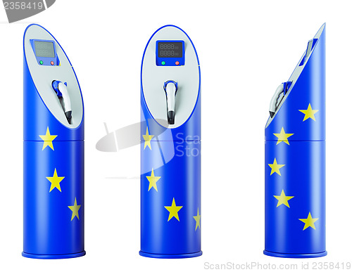 Image of Eco fuel: isolated charging stations with EU flag pattern 