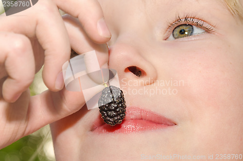 Image of Little girl holding in hand and eating the mulberry