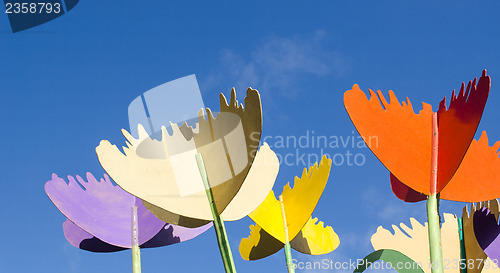 Image of colorful design decor tulips plywood wood blue sky 