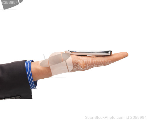 Image of man hand with smartphone