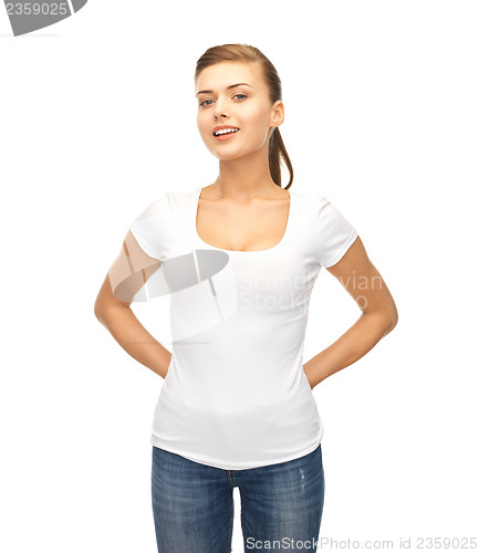 Image of smiling woman in blank white t-shirt