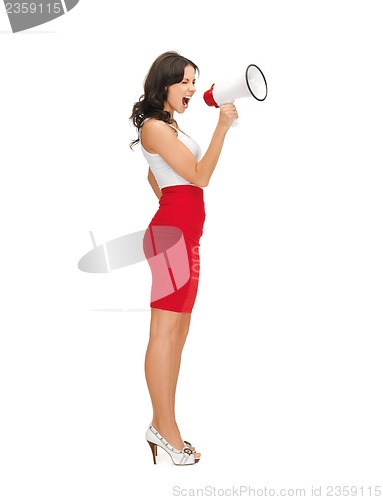 Image of strict woman shouting in megaphone