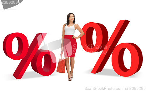 Image of woman and two big red percent signs