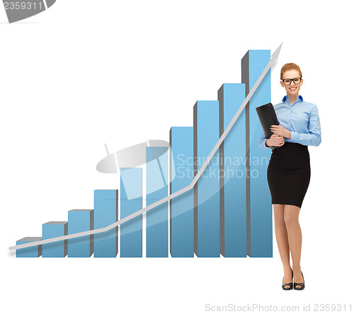 Image of businesswoman with big 3d chart and folder