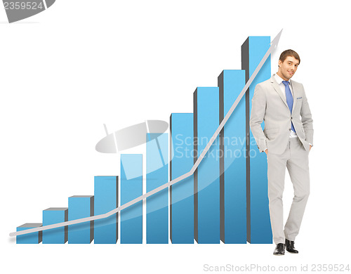 Image of handsome businessman with big 3d chart