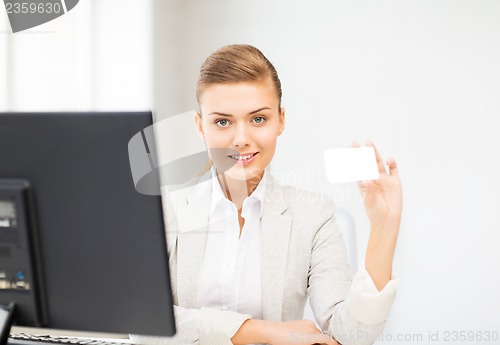 Image of woman with blank business card
