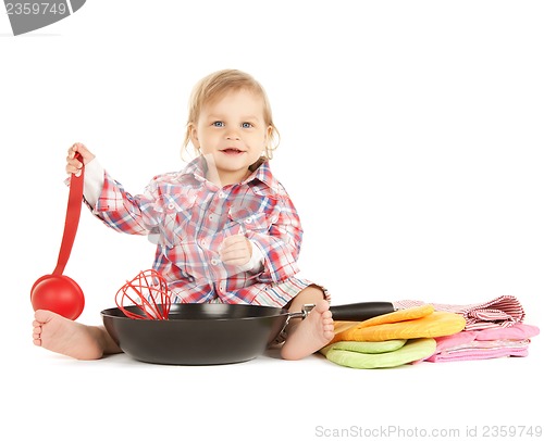 Image of adorable baby cook with pan