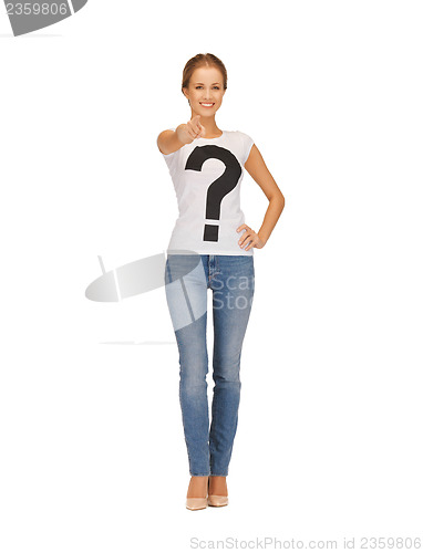 Image of woman in white t-shirt pointing at you