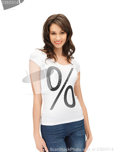 Image of woman in shirt with percent sign