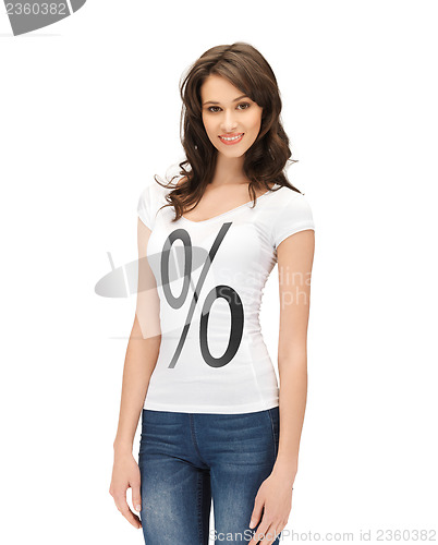 Image of woman in shirt with percent sign