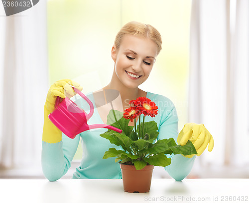 Image of housewife with flower in pot and watering can