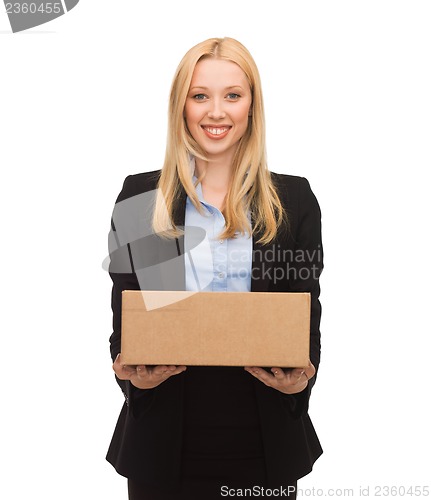 Image of businesswoman delivering cardboard box