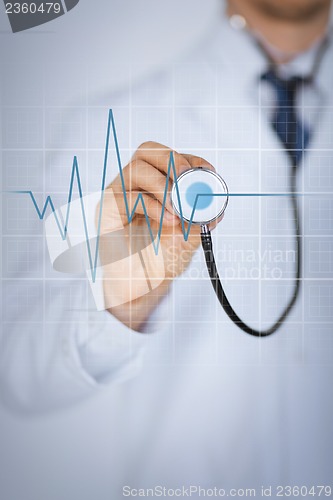 Image of doctor hand with stethoscope listening heart beat