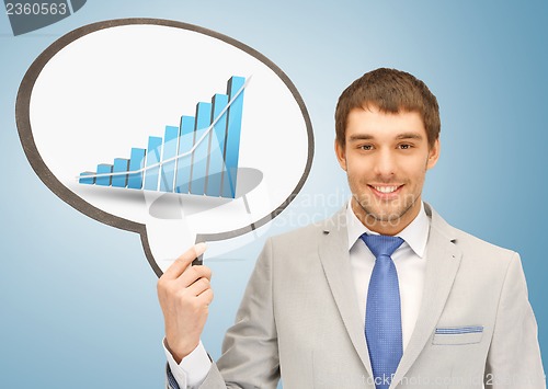 Image of businessman holding text bubble with graph