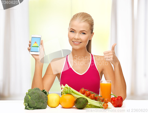 Image of woman with fruits, vegetables and smartphone