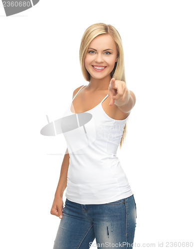 Image of woman in blank white t-shirt pointing at you