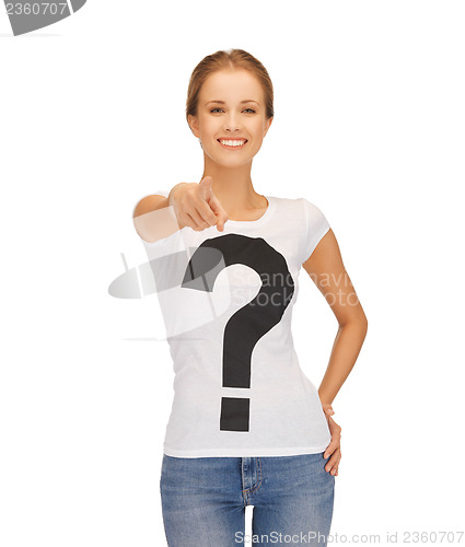 Image of woman in white t-shirt pointing at you