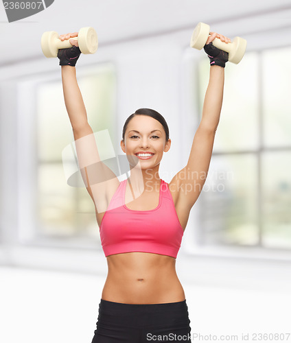 Image of young sporty woman with light dumbbells