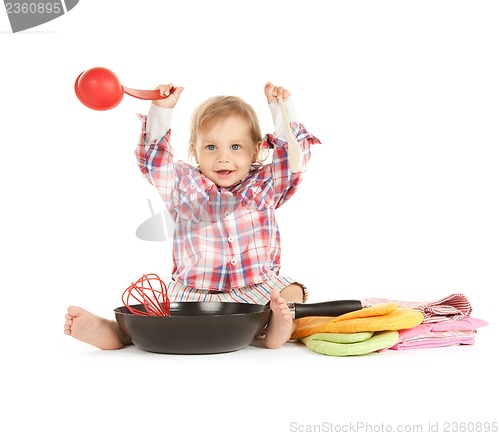 Image of adorable baby cook with pan