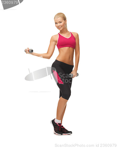 Image of young sporty woman with light dumbbells