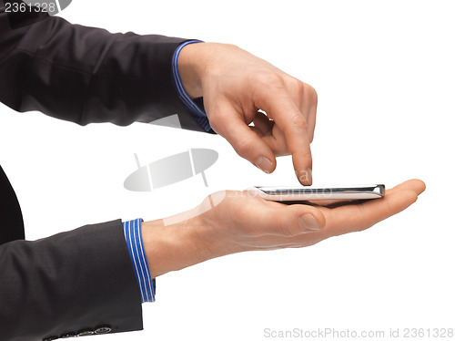 Image of man hand with smartphone