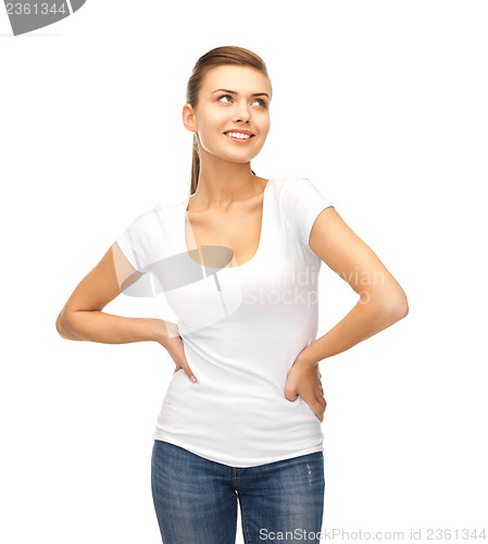 Image of smiling woman in blank white t-shirt