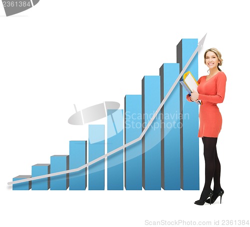 Image of businesswoman with big 3d chart and folders