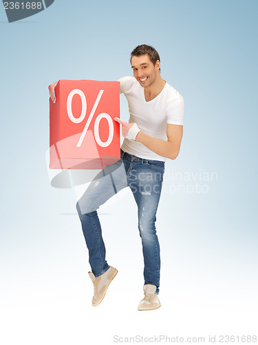 Image of man with big percent box