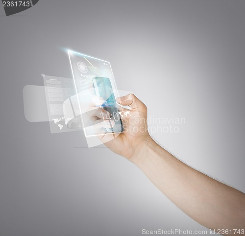 Image of man hand with smartphone and virtual screen