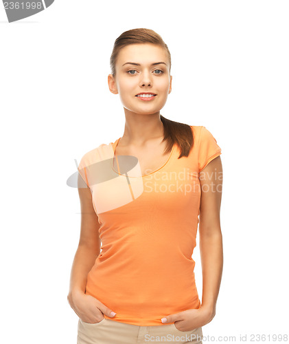 Image of smiling woman in blank color t-shirt