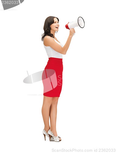 Image of kind woman shouting in megaphone