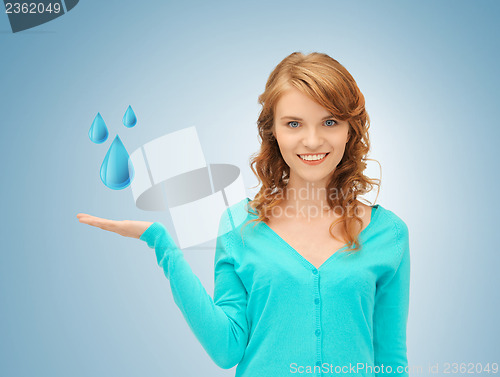 Image of woman showing blue water drops