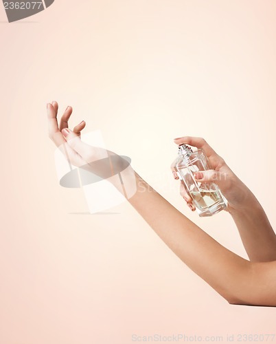 Image of woman hands spraying perfume