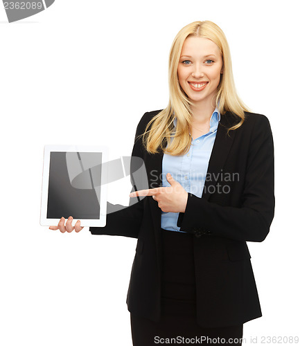 Image of smiling woman with tablet pc in office