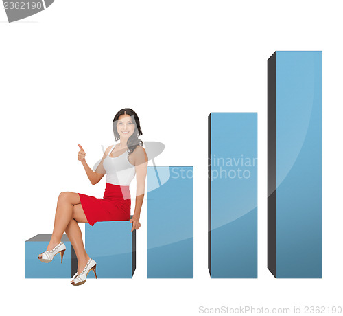 Image of beautiful businesswoman sitting on big 3d chart