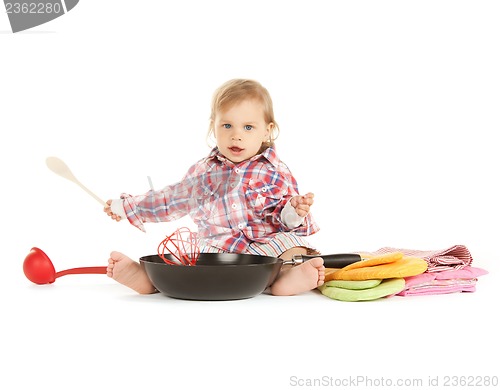 Image of adorable baby cook with pan