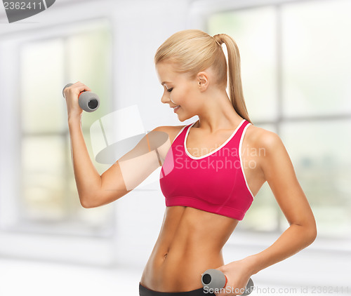 Image of young sporty woman with light dumbbells