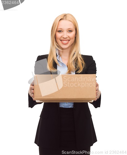 Image of businesswoman delivering cardboard box